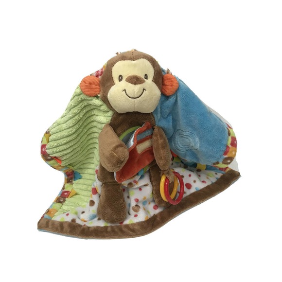 Douglas Baby Blue Monkey Activity Blanket Lovey Taggie Orange Brown Green fleece - Picture 5 of 6